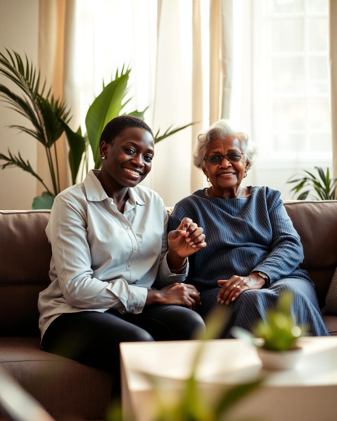 A professional caregiver sitting warmly with an older woman in a sunlit Accra living room